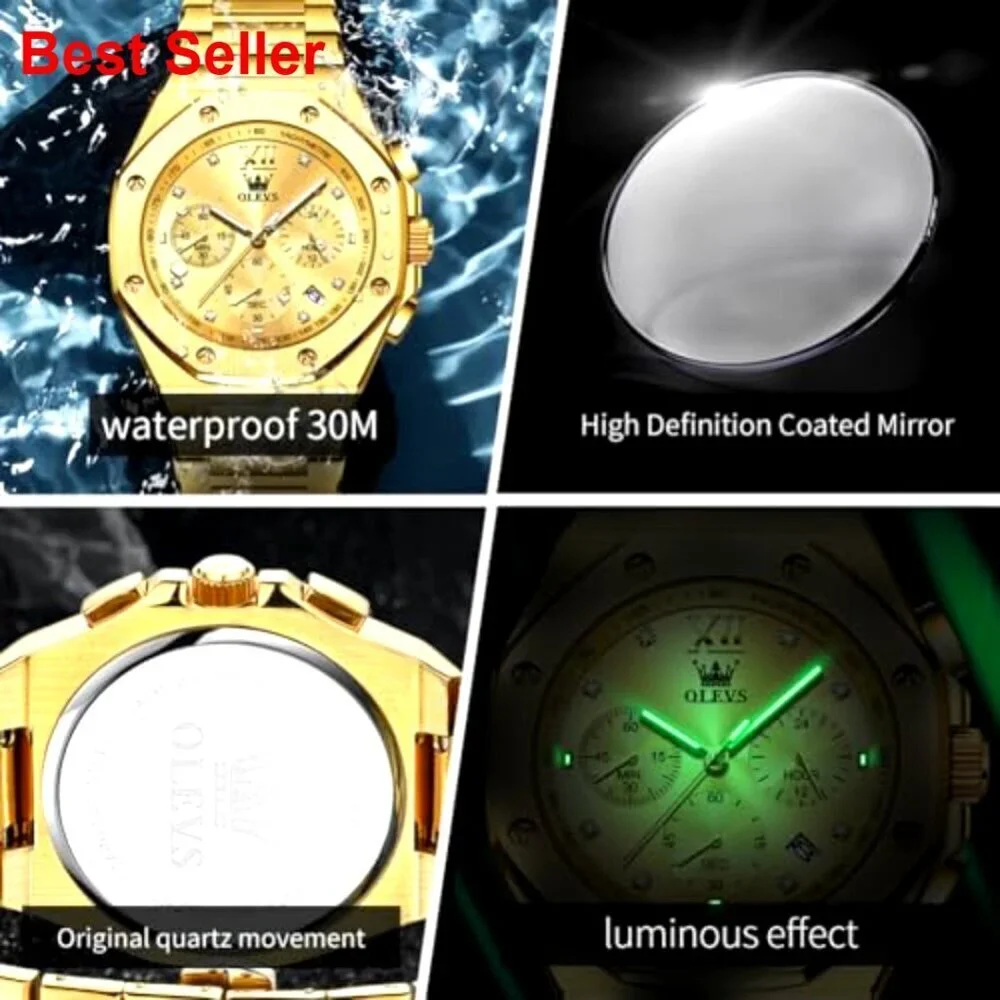 Stainless Steel Analog Chronograph Watch with Date Display and Luminous Hands
